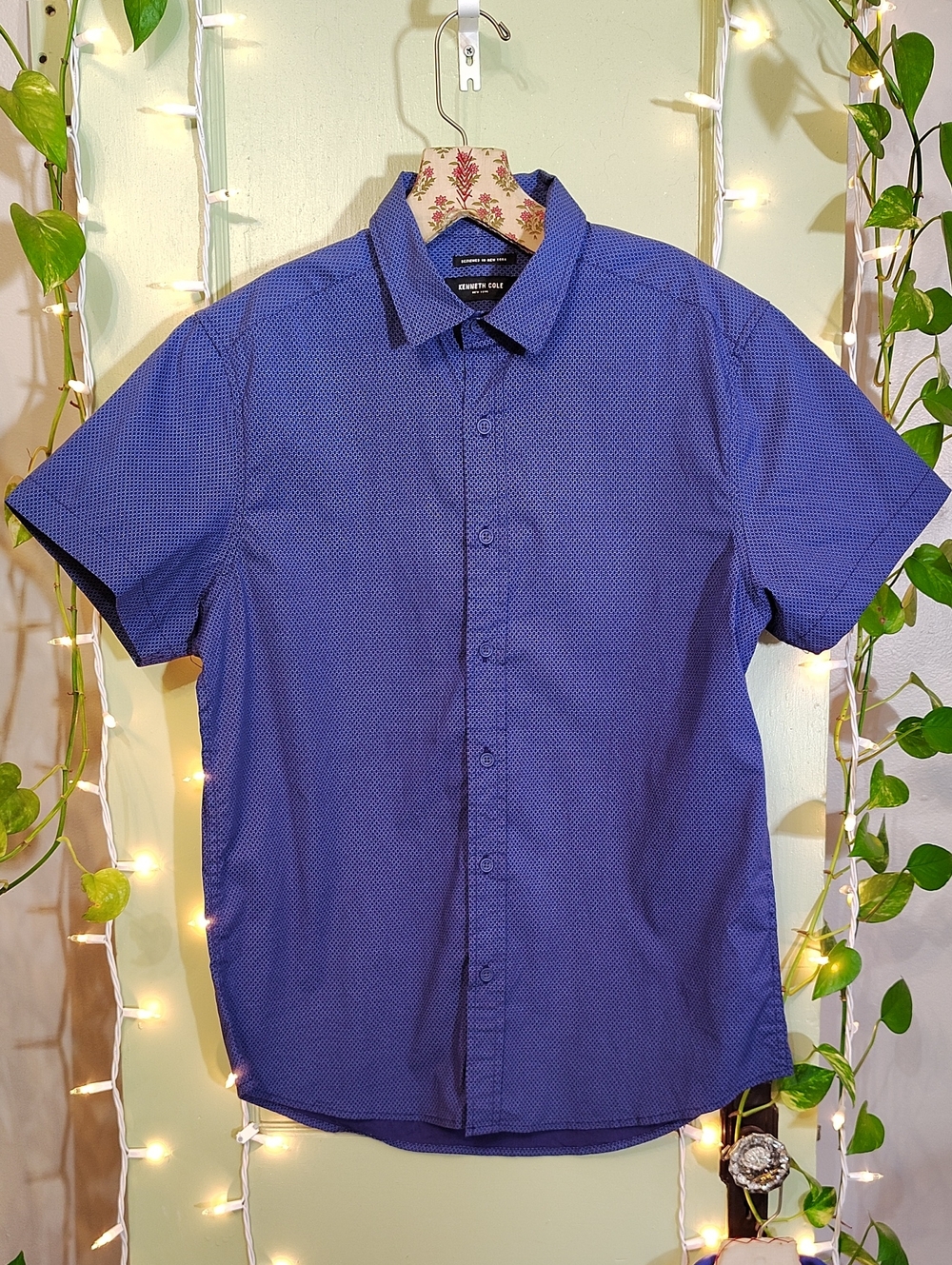 Men's Kenneth Cole New York Slim Fit Short Sleeve Blue Pattern Button Up M